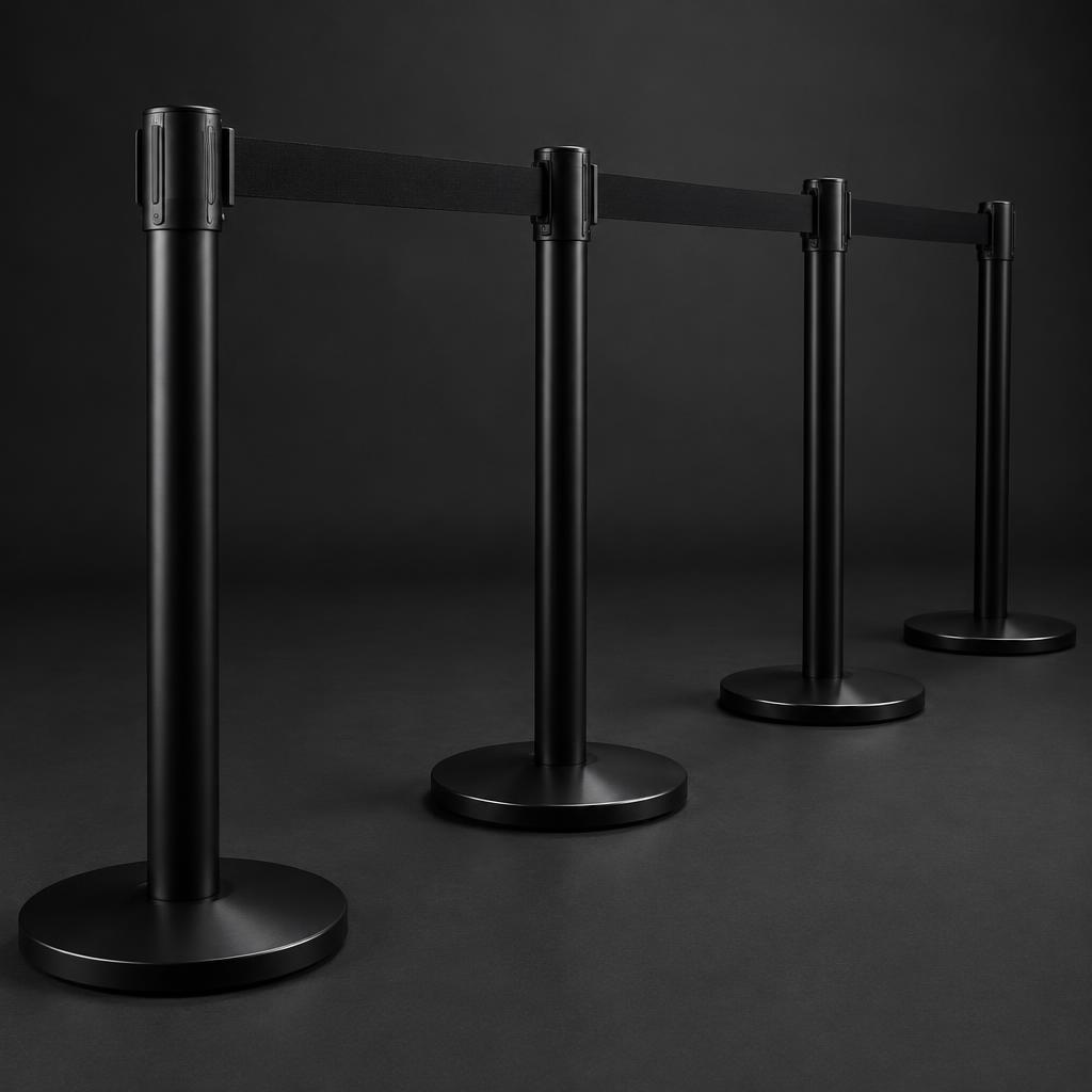 Black retractable belt stanchions available for rent in Indianapolis